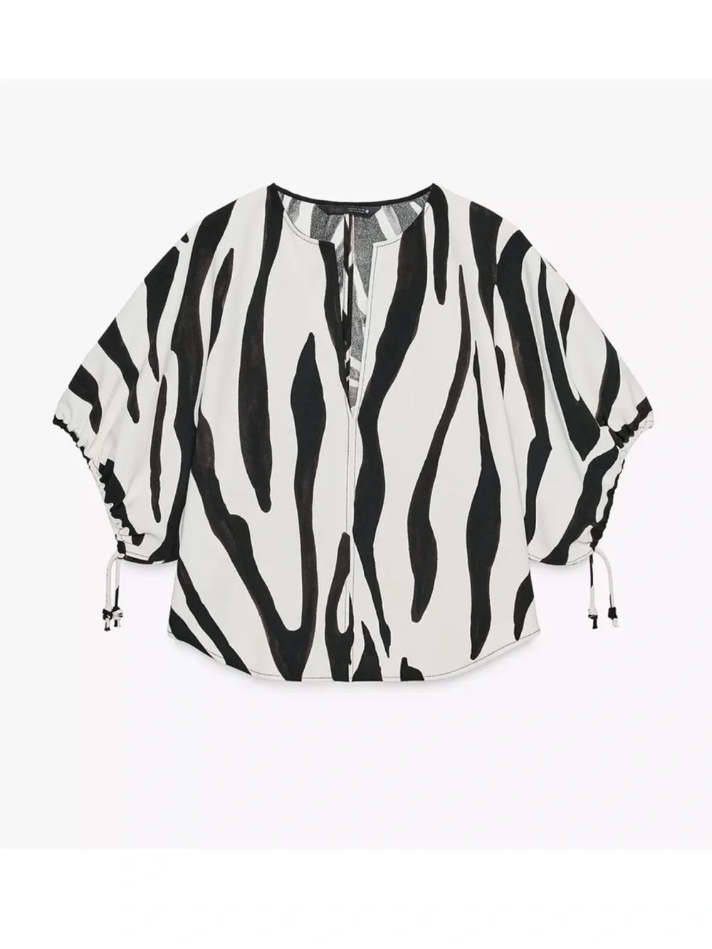 Zara ZW Round Neck Blouse w V-Neck Short Puff Sleeves Animal Zebra Print NWT M